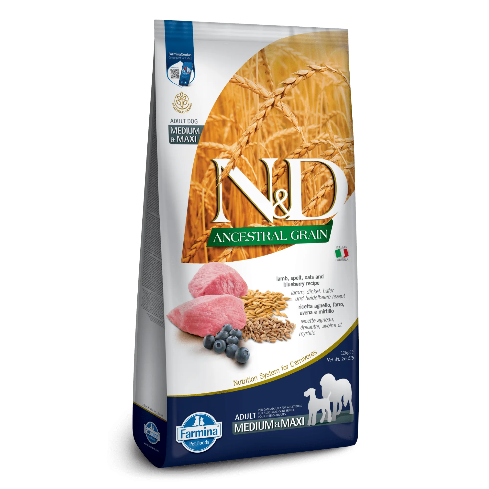 Farmina N&D Ancestral Grain Lamb & Blueberry Medium & Maxi Adult Dry Dog Food