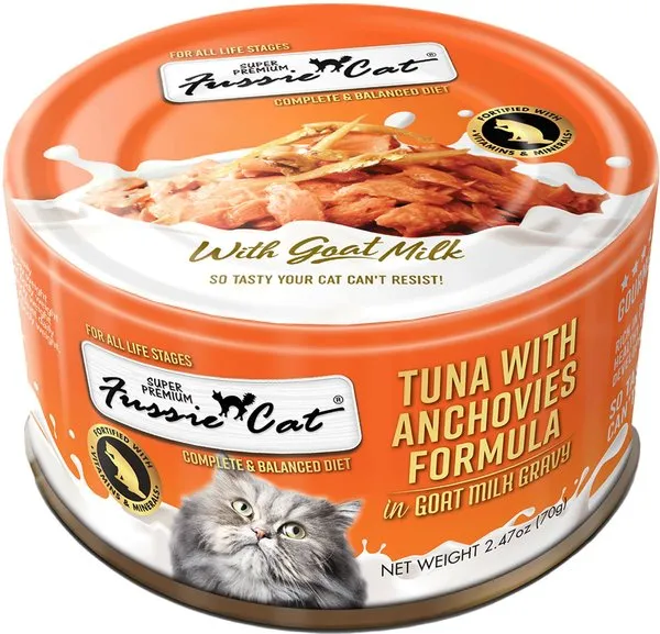 Fussie Cat Tuna with Anchovies in Goat Milk Gravy Shredded Canned Cat Food