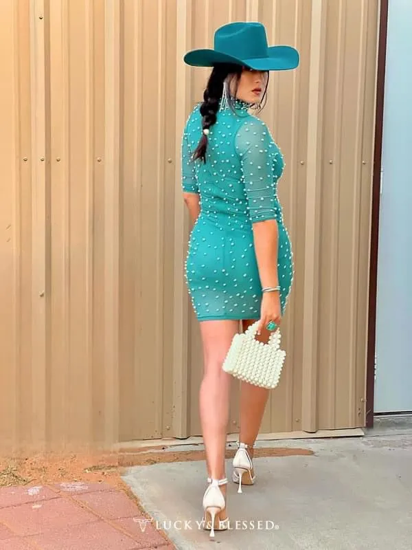 Lucky & Blessed Turquoise 3/4 Sleeve Pearls Mesh Dress DR402-TUR