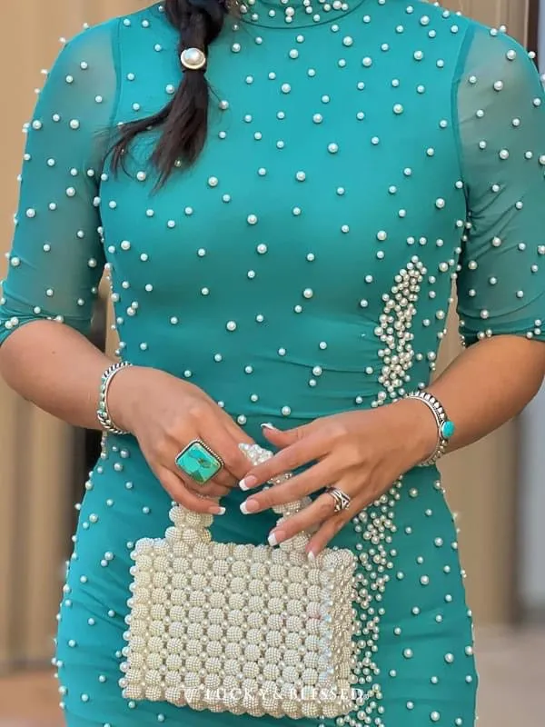 Lucky & Blessed Turquoise 3/4 Sleeve Pearls Mesh Dress DR402-TUR