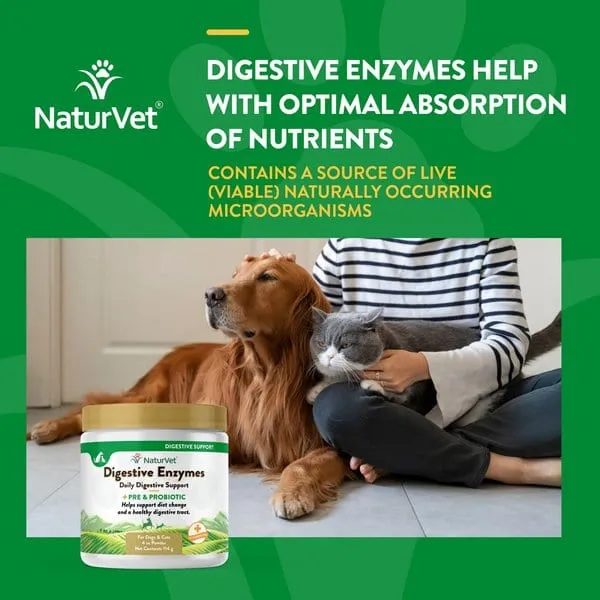 NaturVet Digestive Enzymes Powder Plus Pre & Probiotics for Dogs and Cats