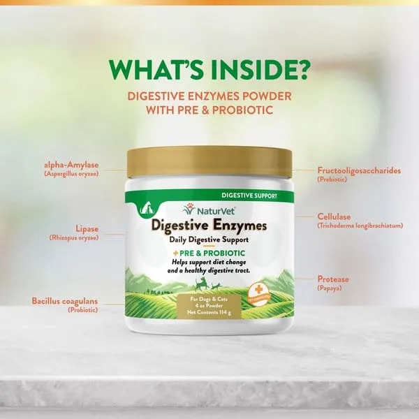 NaturVet Digestive Enzymes Powder Plus Pre & Probiotics for Dogs and Cats