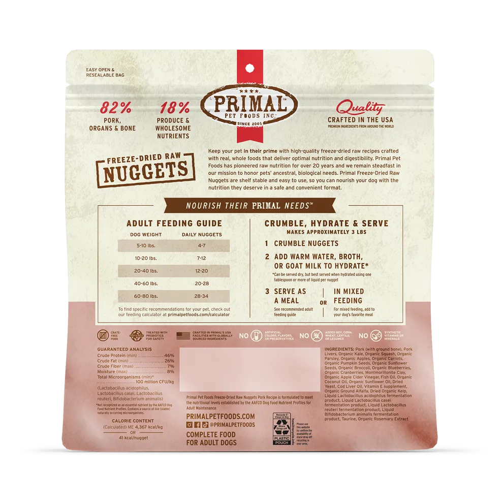 Primal Freeze Dried Nuggets Grain Free Pork Formula Complete Diet Dog Food