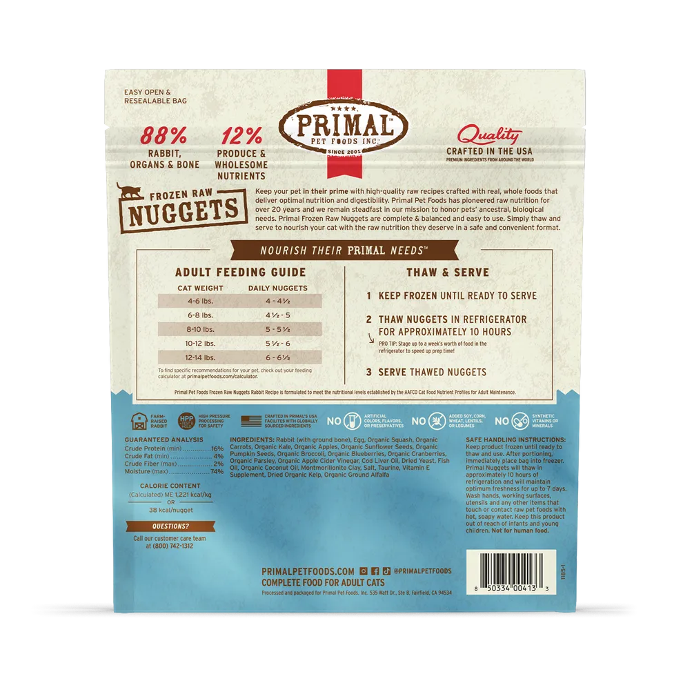 Primal Raw Frozen Rabbit Formula Nuggets For Cats