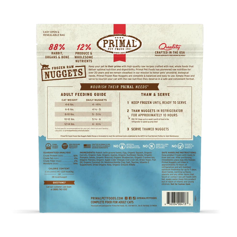 Primal Raw Frozen Rabbit Formula Nuggets For Cats