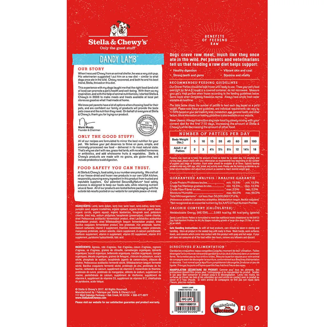 Stella & Chewy's Frozen Raw Dandy Lamb Patties for Dogs